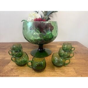 Vintage Green Glass Punch Bowl Set Pedestal Cups Glass Ladle MCM Bar Cart Retro